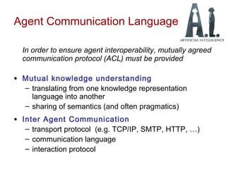 Agent Communication Language
In order to ensure agent interoperability, mutually agreed
communication protocol (ACL) must be provided
• Mutual knowledge understanding
– translating from one knowledge representation
language into another
– sharing of semantics (and often pragmatics)
• Inter Agent Communication
– transport protocol (e.g. TCP/IP, SMTP, HTTP, …)
– communication language
– interaction protocol
 