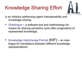 Knowledge Sharing Effort
is an initiative addressing agent interoperability and
knowledge sharing
• Ontolingua - a software tool and methodology for -
means for sharing semantics (and often pragmatics) of
represented knowledge;
• Knowledge Interchange Format (KIF) - an inter-
lingua for translations between different knowledge
representations;
 