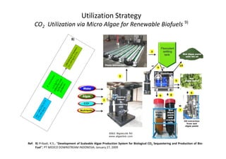 Utilization Strategy
CO2 Utilization via Micro Algae for Renewable Biofuels 9)
8)
Ref: 9) Pribadi, K.S.; “Development of Scaleable Algae Production System for Biological CO2 Sequestering and Production of Bio-
Fuel“; PT MEDCO DOWNSTREAM INDONESIA; January 27, 2009
Bioreactor Installation
 