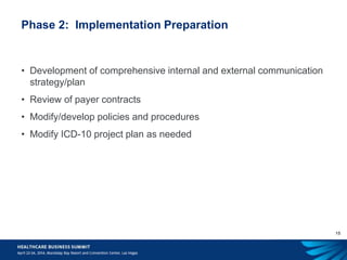 15
Phase 2: Implementation Preparation
• Development of comprehensive internal and external communication
strategy/plan
• Review of payer contracts
• Modify/develop policies and procedures
• Modify ICD-10 project plan as needed
 