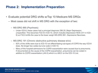 16
Phase 2: Implementation Preparation
• Evaluate potential DRG shifts w/Top 10 Medicare MS DRGs
– Most cases did not shift in MS DRG with the exception of two:
– MS-DRG 885 (Psychosis)
– Under ICD-9, these cases had a principal diagnosis 296.20, Major Depression,
unspecified. This becomes F32.9 in ICD-10, which includes Depression NOS (311 in ICD-
9) so F32.9 shifts the case to the lower weigh MS-DRG 881, Depressive Neuroses.
– MS-DRG 191 (Chronic obstructive pulmonary disease w/cc)
– 82% of the shifts were due to ICD-10 not differentiating sub-types of COPD the way ICD-9
does. No longer two codes but one code in ICD-10.
– Many of the hospital admissions for COPD exacerbation were caused due to pneumonia.
If documented as the cause of the COPD exacerbation, pneumonia can be coded in
addition to COPD exacerbation (J44.0) which is a MCC on the ICD-10 List.
 