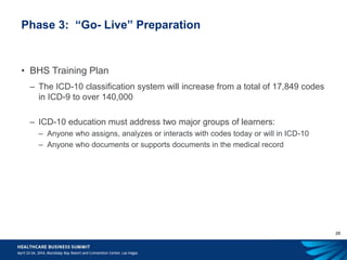 20
Phase 3: “Go- Live” Preparation
• BHS Training Plan
– The ICD-10 classification system will increase from a total of 17,849 codes
in ICD-9 to over 140,000
– ICD-10 education must address two major groups of learners:
– Anyone who assigns, analyzes or interacts with codes today or will in ICD-10
– Anyone who documents or supports documents in the medical record
 
