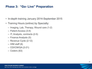 21
Phase 3: “Go- Live” Preparation
• In-depth training January 2014-September 2015
• Training Hours (online) by Specialty:
– Imaging, Lab, Therapy, Wound care (1-2)
– Patient Access (3-4)
– IT, Analysts, contracts (2-5)
– Finance Analysts (5)
– Revenue Cycle (2-12)
– HIM staff (8)
– CDI/CM/QA (2-21)
– Coders (63)
 