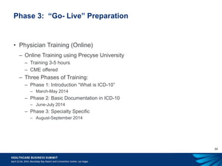 22
Phase 3: “Go- Live” Preparation
• Physician Training (Online)
– Online Training using Precyse University
– Training 3-5 hours
– CME offered
– Three Phases of Training:
– Phase 1: Introduction “What is ICD-10”
– March-May 2014
– Phase 2: Basic Documentation in ICD-10
– June-July 2014
– Phase 3: Specialty Specific
– August-September 2014
 
