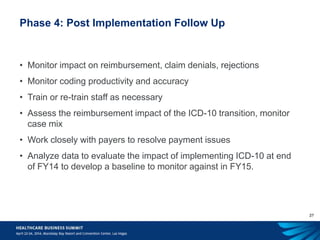 27
Phase 4: Post Implementation Follow Up
• Monitor impact on reimbursement, claim denials, rejections
• Monitor coding productivity and accuracy
• Train or re-train staff as necessary
• Assess the reimbursement impact of the ICD-10 transition, monitor
case mix
• Work closely with payers to resolve payment issues
• Analyze data to evaluate the impact of implementing ICD-10 at end
of FY14 to develop a baseline to monitor against in FY15.
 