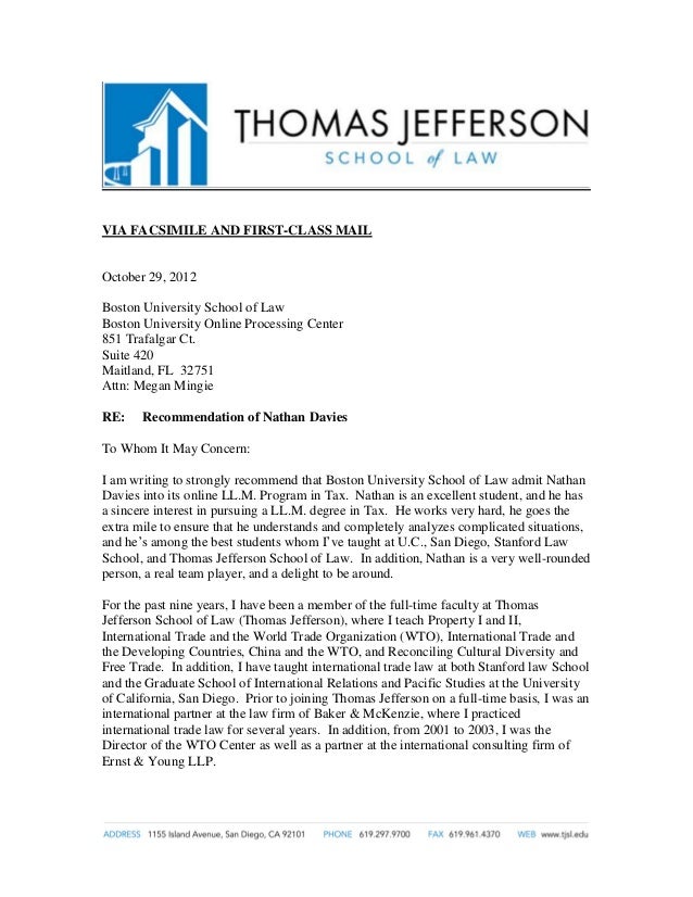 sample recommendation letter for law school