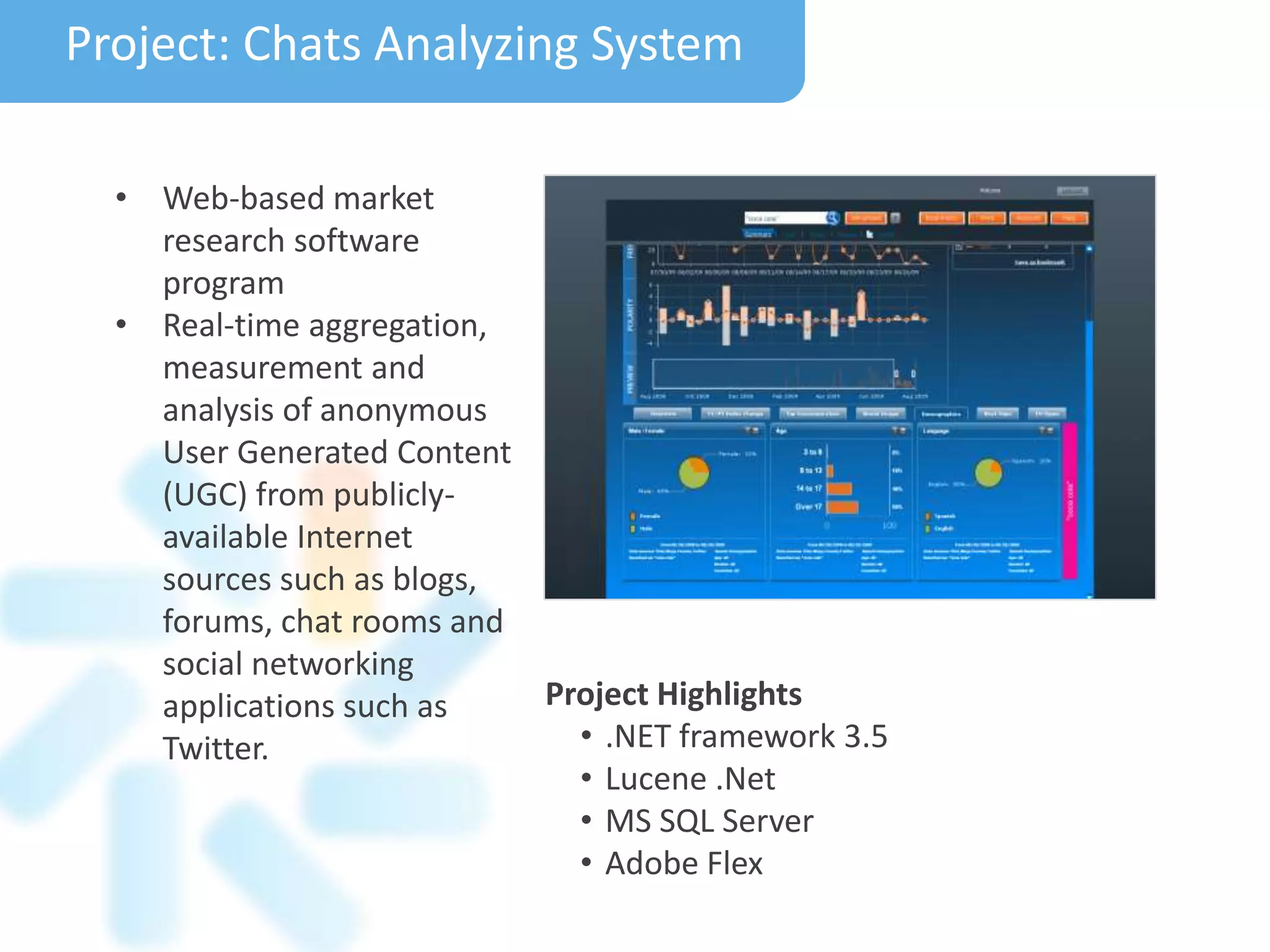 • Web-based market
research software
program
• Real-time aggregation,
measurement and
analysis of anonymous
User Generated Content
(UGC) from publicly-
available Internet
sources such as blogs,
forums, chat rooms and
social networking
applications such as
Twitter.
Project: Chats Analyzing System
Project Highlights
• .NET framework 3.5
• Lucene .Net
• MS SQL Server
• Adobe Flex
 