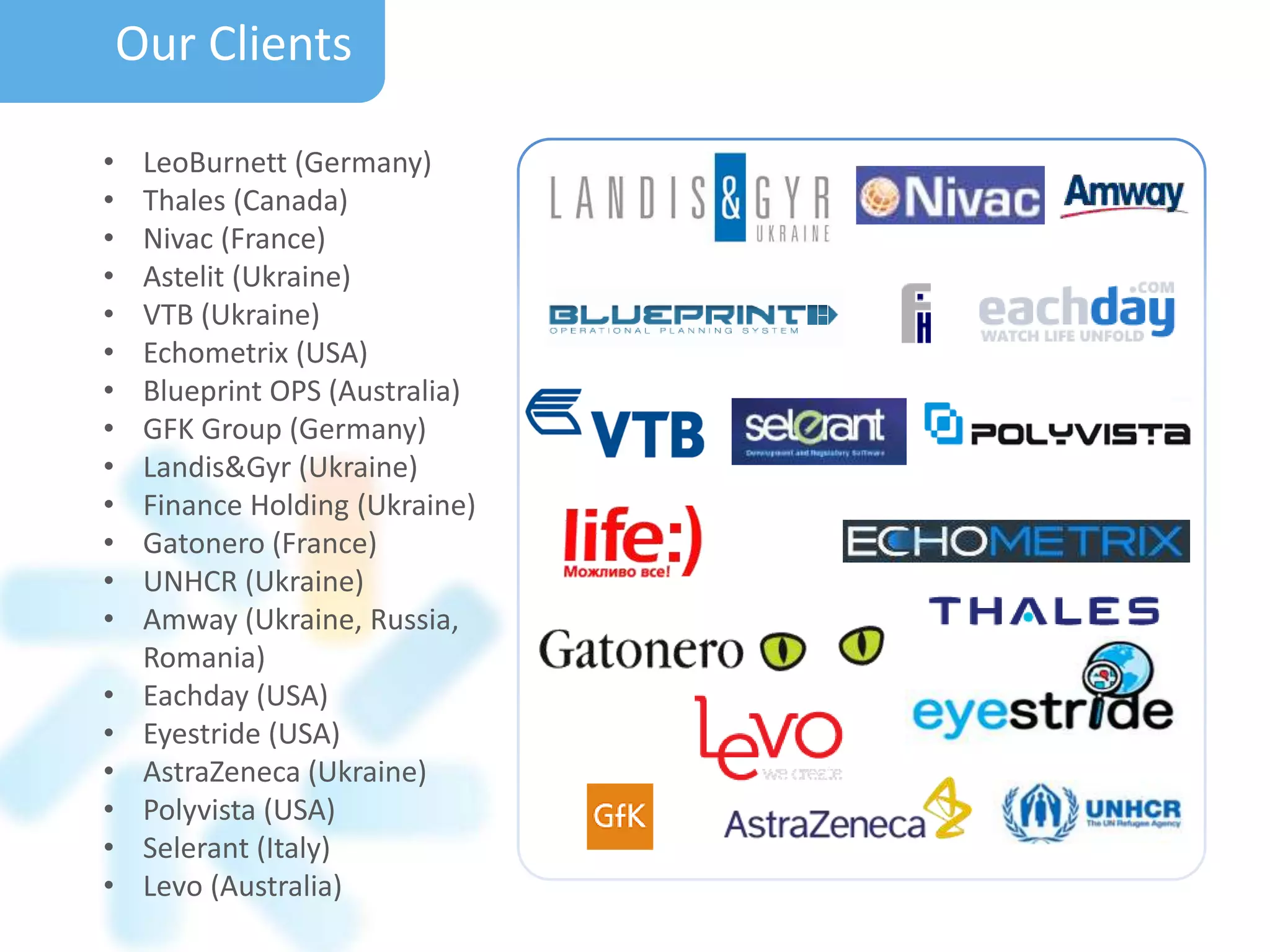 Our Clients
• LeoBurnett (Germany)
• Thales (Canada)
• Nivac (France)
• Astelit (Ukraine)
• VTB (Ukraine)
• Echometrix (USA)
• Blueprint OPS (Australia)
• GFK Group (Germany)
• Landis&Gyr (Ukraine)
• Finance Holding (Ukraine)
• Gatonero (France)
• UNHCR (Ukraine)
• Amway (Ukraine, Russia,
Romania)
• Eachday (USA)
• Eyestride (USA)
• AstraZeneca (Ukraine)
• Polyvista (USA)
• Selerant (Italy)
• Levo (Australia)
 