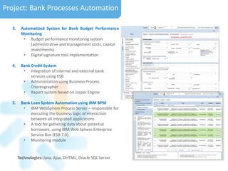 Project: Bank Processes Automation
3. Automatized System for Bank Budget Performance
Monitoring
• Budget performance monitoring system
(administrative and management costs, capital
investments)
• Digital signature tool implementation
4. Bank Credit System
• Integration of internal and external bank
services using ESB
• Administration using Business Process
Choreographer
• Report system based on Jasper Engine
5. Bank Loan System Automation using IBM BPM
• IBM WebSphere Process Server – responsible for
executing the business logic of interaction
between all integrated applications
• A tool for gathering data about potential
borrowers, using IBM Web Sphere Enterprise
Service Bus (ESB 7.0).
• Monitoring module
Technologies: Java, Ajax, DHTML, Oracle SQL Server
 