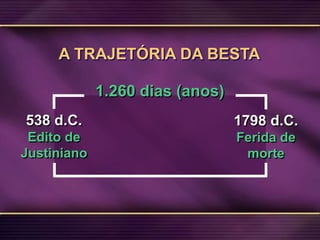 14
1.260 dias (anos)
1798 d.C.
Ferida de
morte
538 d.C.
Edito de
Justiniano
A TRAJETÓRIA DA BESTA
 