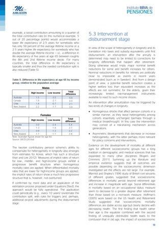 18
example, a social contribution amounting to a quarter of
the total contribution rate (in this numerical example, 5
out of 20 percentage points) would accommodate a
lower life expectancy of 2.5 years for somebody who
has only 50 percent of the average lifetime income or a
2.5 years higher life expectancy for somebody who has
double the average lifetime income – i.e., a difference in
life expectancy of five years at age 65 between roughly
the 8th and 2nd lifetime income decile. For many
countries, the total difference in life expectancy is
typically smaller and thus the needed contribution split is
also reduced (Table 5).
Table 5. Difference in life expectancy at age 65 by income
group, relative to the population average
Males
High income Low income
Total
difference
Australia 1.5 -3.5 5.0
Canada 1.9 -2.1 4.0
Chile 1.4 -0.7 2.1
New Zealand 2.2 -1.7 3.9
Females
High income Low income
Total
difference
Australia 3.0 -2.4 5.4
Canada 1.3 -1.4 2.7
Chile 0.9 -1.3 2.2
New Zealand 1.7 -1.1 2.8
Note: Australian figures shown for age 60.
Source: OECD (2016a).
The two-tier contributory pension scheme’s ability to
compensate for heterogeneity in longevity also emerges
from estimates for Korea, which has such a structure
(Han and Lee 2012). Measures of implicit rates of return
for low-, middle-, and high-income groups exhibit a
progressive benefit structure when homogenous
mortality rates are applied. When differentiated mortality
rates that are lower for high-income groups are applied,
the implicit rates of return show a much less progressive
structure that is, however, not overturned.
If confirmed by more data and an application of the
estimation process proposed under Equations [9a-d], the
approach would be fully operational. The application
could periodically (e.g., every 10 years) re-estimate the
contribution split, with rules for triggers and, perhaps,
additional ex-post adjustments during the disbursement
stage.
5.3 Intervention at
disbursement stage
In view of the scope of heterogeneity in longevity and its
translation into taxes and subsidy equivalents until first
disbursement, an intervention after the annuity is
determined may need to be limited to corrections for
longevity differentials that happen after retirement.
Doing otherwise would imply major nominal benefit
reductions for some and benefit increases for others.
Nominal reductions in benefits for retirees are politically
close to impossible as events in recent years
demonstrated (such as in Sweden). And from a design
point of view, a potential benefit reduction creates a
higher welfare loss than equivalent increases as the
effects are not symmetric for the elderly, given their
increasingly limited risk-management instruments
available to react to such income shocks.
An intervention after annuitization may be triggered by
two kinds of changes in longevity:
• Homogenous shocks that affect pension cohorts in a
similar manner, as they leave heterogeneity among
cohorts essentially unchanged (perhaps through a
medical breakthrough). In this case the intervention
may consist of a risk-sharing mechanism across
generations.
• Asymmetric developments that decrease or increase
heterogeneity, with the latter perhaps more relevant
for policy concerns and interventions.
Evidence on the development of mortality at different
ages for different socioeconomic groups has a long
tradition in demographic and medical sciences that has
expanded to many other disciplines (Rogers and
Crimmins 2011). Summing up the literature and
empirical evidence suggests that all outcomes are
possible depending on the socioeconomic dimension
investigated yet the effects are not large. For example,
Marmot and Shipley’s 1996 study of British civil servants
of different grades suggested that socioeconomic
differences in mortality persist beyond retirement age
and increase in magnitude with age. Social differentials
in mortality based on an occupational status measure
seem to decrease to a greater degree after retirement
than those based on a non-work measure. Hoffman’s
(2005) work based on the US Health and Retirement
Study suggested that socioeconomic mortality
differences are stable across age but clearly decline with
decreasing health. The first finding that health rather
than age is the equalizer combined with the second
finding of unequally distributed health leads to the
conclusion that in old age, the impact of socioeconomic
 