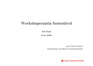 Workshopecuária Sustentável
           São Paulo
          16 de Julho



                                   Ana Lizete Farias
                Especialista em Risco Socioambiental
 