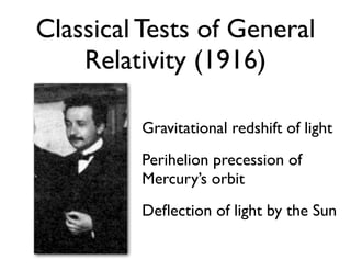 Classical Tests of General
Relativity (1916)
Gravitational redshift of light
Perihelion precession of
Mercury’s orbit
Deﬂection of light by the Sun
 