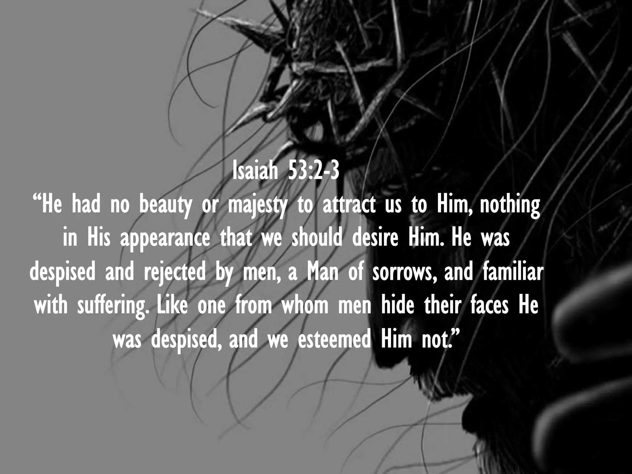 Isaiah 53:2-3
“He had no beauty or majesty to attract us to Him, nothing
in His appearance that we should desire Him. He was
despised and rejected by men, a Man of sorrows, and familiar
with suffering. Like one from whom men hide their faces He
was despised, and we esteemed Him not.”
 
