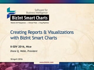 Creating Reports & Visualizations
with BizInt Smart Charts
Patents & IP Sequences | Clinical Trials | Drug Pipelines
www.bizint.com
II-SDV 2016, Nice
Diane Q. Webb, President
18 April 2016
 