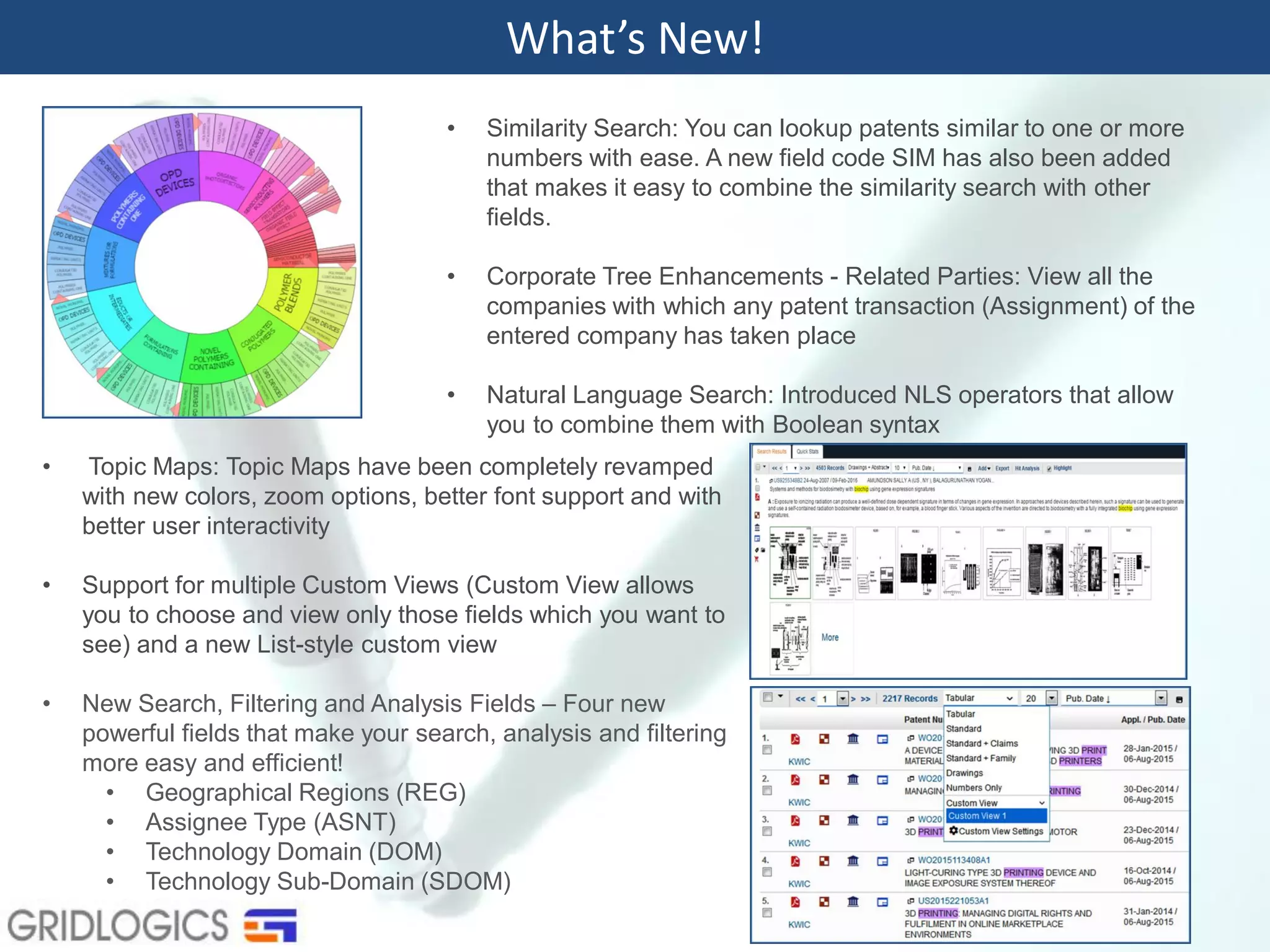 • Topic Maps: Topic Maps have been completely revamped
with new colors, zoom options, better font support and with
better user interactivity
• Support for multiple Custom Views (Custom View allows
you to choose and view only those fields which you want to
see) and a new List-style custom view
• New Search, Filtering and Analysis Fields – Four new
powerful fields that make your search, analysis and filtering
more easy and efficient!
• Geographical Regions (REG)
• Assignee Type (ASNT)
• Technology Domain (DOM)
• Technology Sub-Domain (SDOM)
What’s New!
• Similarity Search: You can lookup patents similar to one or more
numbers with ease. A new field code SIM has also been added
that makes it easy to combine the similarity search with other
fields.
• Corporate Tree Enhancements - Related Parties: View all the
companies with which any patent transaction (Assignment) of the
entered company has taken place
• Natural Language Search: Introduced NLS operators that allow
you to combine them with Boolean syntax
 