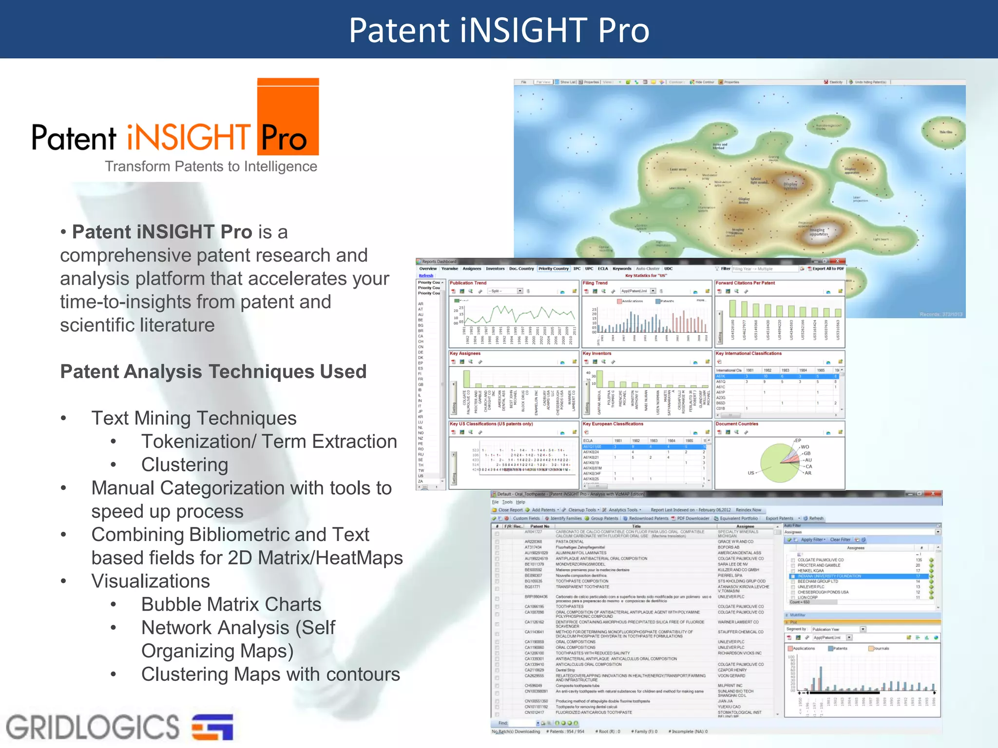 • Patent iNSIGHT Pro is a
comprehensive patent research and
analysis platform that accelerates your
time-to-insights from patent and
scientific literature
Patent Analysis Techniques Used
• Text Mining Techniques
• Tokenization/ Term Extraction
• Clustering
• Manual Categorization with tools to
speed up process
• Combining Bibliometric and Text
based fields for 2D Matrix/HeatMaps
• Visualizations
• Bubble Matrix Charts
• Network Analysis (Self
Organizing Maps)
• Clustering Maps with contours
Patent iNSIGHT Pro
 