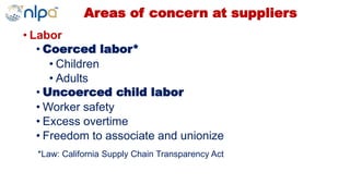Areas of concern at suppliers
• Labor
• Coerced labor*
• Children
• Adults
• Uncoerced child labor
• Worker safety
• Excess overtime
• Freedom to associate and unionize
*Law: California Supply Chain Transparency Act
 