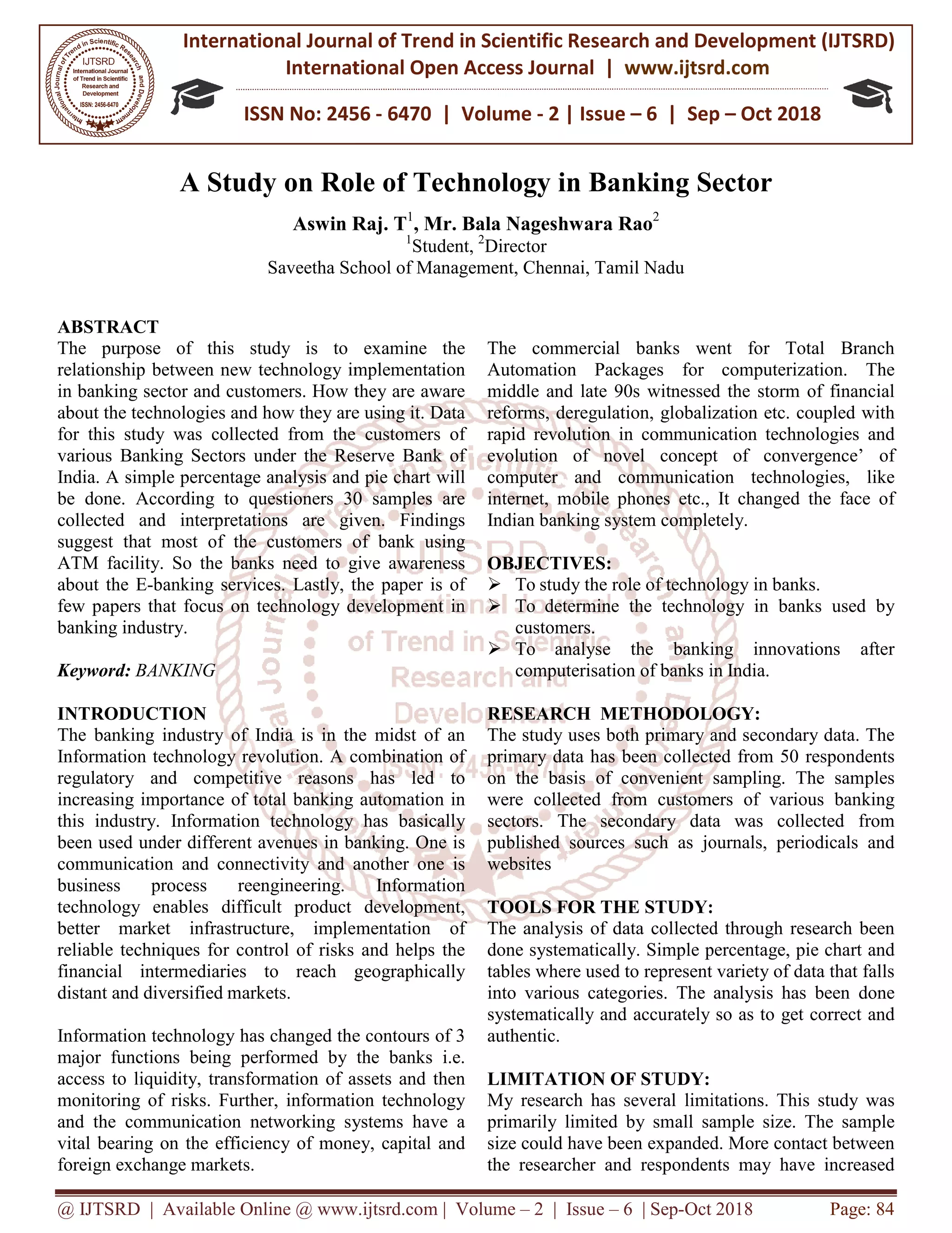 A Study on Role of Technology in Banking Sector | PDF