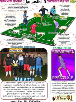 I fantastici 5
                                                                                                      Pagina
                                                                                                        4
            Vivace e frizzante pur se ancora troppo                        L’Inter si presenta bene
        presuntuoso Lele è quel tipo di giocatore che                         e la prestazione di
        può darti la marcia in più in ogni situazione,                     questo ragazzo Crupi ci
       anche quando la forma non è alto lui fa sempre                         da forti conferme,
         il suo dovere, e si vede. INDISPENSABILE !                          sicuramente i buoni
                                                                           risultati passano anche
                                                                                dai suoi guandi
  Per le prestazioni fin qui                                                   SORPRENDENTE !
     date era doveroso
  premiare questo ragazzo
  Giuseppe, che ha piccoli
 passi si è dimostrato sotto
   porta un vero cecchino,
  oltre che ha tanta corsa
   durante la gara,bravo !
       IMPORTANTE !




                                                                         Lotta e corre senza mai
                                                                             fermarsi, a volte
                                                                       esuberante Enzo è un mix
                                                                          d’emozioni ed arriva a
       Tra i tanti goal segnati, la rete nella                         battere una squadra come
    ripresa che Giovanni realizza è fantastica                         il Pescara,con una grande
     e senza neanche pensarci 2 volte mette                                    prestazione
         la palla dentro,tra gli applausi.                                      PREZIOSO !
                   FANTASTICO !




                                                                  Per la prima volta Andrea e la sua
  Ecco finalmente signori Augliera e la sua squadra, un      squadra vincono un premio che neanche
responsabile modello che mai si tira indietro e che mette      immaginavano, ma dopo tante partite
sempre la faccia in ogni situazione. La sua Atalanta dopo       insieme e un gruppo affiatato si può
                                                               arrivare a tante soddisfazioni e vedere
 una grande partenza ha attraversato un brutto periodo,       Andrea come miglior cannoniere penso
   ma adesso si rifà battendo il Siena e rilanciando le       sia un orgoglio per tutti i suoi compagni
      proprie quotazioni per la poule C, che per sua                e non solo. Dai CONTINUITÀ !
dichiarazione, è pronto a conquistarla superando tutti gli
                ostacoli. COMPLIMENTI !
 