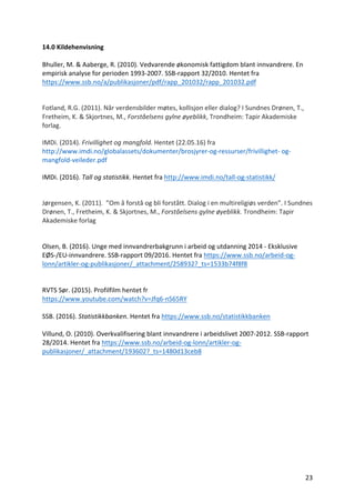 23	
14.0	Kildehenvisning	
	
Bhuller,	M.	&	Aaberge,	R.	(2010).	Vedvarende	økonomisk	fattigdom	blant	innvandrere.	En	
empirisk	analyse	for	perioden	1993-2007.	SSB-rapport	32/2010.	Hentet	fra	
https://www.ssb.no/a/publikasjoner/pdf/rapp_201032/rapp_201032.pdf		
	
Fotland,	R.G.	(2011).	Når	verdensbilder	møtes,	kollisjon	eller	dialog?	I	Sundnes	Drønen,	T.,	
Fretheim,	K.	&	Skjortnes,	M.,	Forståelsens	gylne	øyeblikk,	Trondheim:	Tapir	Akademiske	
forlag.		
IMDi.	(2014).	Frivillighet	og	mangfold.	Hentet	(22.05.16)	fra	
http://www.imdi.no/globalassets/dokumenter/brosjyrer-og-ressurser/frivillighet-	og-
mangfold-veileder.pdf		
IMDi.	(2016).	Tall	og	statistikk.	Hentet	fra	http://www.imdi.no/tall-og-statistikk/		
	
Jørgensen,	K.	(2011).		”Om	å	forstå	og	bli	forstått.	Dialog	i	en	multireligiøs	verden”.	I	Sundnes	
Drønen,	T.,	Fretheim,	K.	&	Skjortnes,	M.,	Forståelsens	gylne	øyeblikk.	Trondheim:	Tapir	
Akademiske	forlag		
	
Olsen,	B.	(2016).	Unge	med	innvandrerbakgrunn	i	arbeid	og	utdanning	2014	-	Eksklusive	
EØS-/EU-innvandrere.	SSB-rapport	09/2016.	Hentet	fra	https://www.ssb.no/arbeid-og-
lonn/artikler-og-publikasjoner/_attachment/258932?_ts=1533b74f8f8	
	
	
RVTS	Sør.	(2015).	Profilfilm	hentet	fr	
https://www.youtube.com/watch?v=Jfq6-nS65RY	
	
SSB.	(2016).	Statistikkbanken.	Hentet	fra	https://www.ssb.no/statistikkbanken		
	
Villund,	O.	(2010).	Overkvalifisering	blant	innvandrere	i	arbeidslivet	2007-2012.	SSB-rapport	
28/2014.	Hentet	fra	https://www.ssb.no/arbeid-og-lonn/artikler-og-
publikasjoner/_attachment/193602?_ts=1480d13ceb8	
	
 