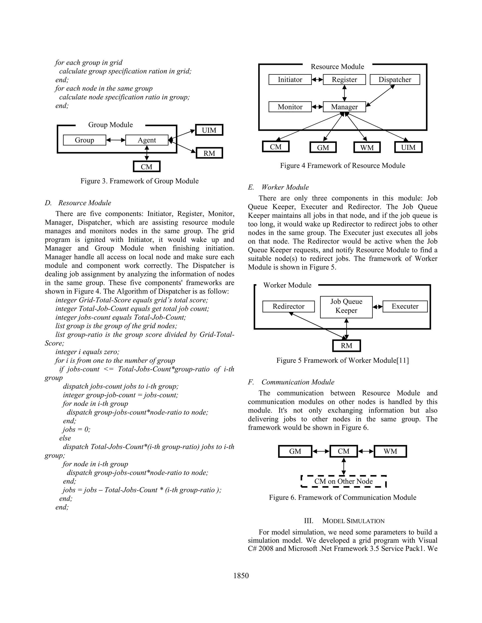 for each group in grid
calculate group specification ration in grid;
end;
for each node in the same group
calculate node specification ratio in group;
end;
Figure 3. Framework of Group Module
D. Resource Module
There are five components: Initiator, Register, Monitor,
Manager, Dispatcher, which are assisting resource module
manages and monitors nodes in the same group. The grid
program is ignited with Initiator, it would wake up and
Manager and Group Module when finishing initiation.
Manager handle all access on local node and make sure each
module and component work correctly. The Dispatcher is
dealing job assignment by analyzing the information of nodes
in the same group. These five components' frameworks are
shown in Figure 4. The Algorithm of Dispatcher is as follow:
integer Grid-Total-Score equals grid’s total score;
integer Total-Job-Count equals get total job count;
integer jobs-count equals Total-Job-Count;
list group is the group of the grid nodes;
list group-ratio is the group score divided by Grid-Total-
Score;
integer i equals zero;
for i is from one to the number of group
if jobs-count <= Total-Jobs-Count*group-ratio of i-th
group
dispatch jobs-count jobs to i-th group;
integer group-job-count = jobs-count;
for node in i-th group
dispatch group-jobs-count*node-ratio to node;
end;
jobs = 0;
else
dispatch Total-Jobs-Count*(i-th group-ratio) jobs to i-th
group;
for node in i-th group
dispatch group-jobs-count*node-ratio to node;
end;
jobs = jobs – Total-Jobs-Count * (i-th group-ratio );
end;
end;
Figure 4 Framework of Resource Module
E. Worker Module
There are only three components in this module: Job
Queue Keeper, Executer and Redirector. The Job Queue
Keeper maintains all jobs in that node, and if the job queue is
too long, it would wake up Redirector to redirect jobs to other
nodes in the same group. The Executer just executes all jobs
on that node. The Redirector would be active when the Job
Queue Keeper requests, and notify Resource Module to find a
suitable node(s) to redirect jobs. The framework of Worker
Module is shown in Figure 5.
Figure 5 Framework of Worker Module[11]
F. Communication Module
The communication between Resource Module and
communication modules on other nodes is handled by this
module. It's not only exchanging information but also
delivering jobs to other nodes in the same group. The
framework would be shown in Figure 6.
Figure 6. Framework of Communication Module
III. MODEL SIMULATION
For model simulation, we need some parameters to build a
simulation model. We developed a grid program with Visual
C# 2008 and Microsoft .Net Framework 3.5 Service Pack1. We
WM
CM on Other Node
CMGM
Redirector
Job Queue
Keeper
Executer
RM
Worker Module
Initiator
Monitor Manager
Register
UIMCM WM
Resource Module
Dispatcher
GM
Group Agent
UIM
CM
RM
Group Module
1850
 