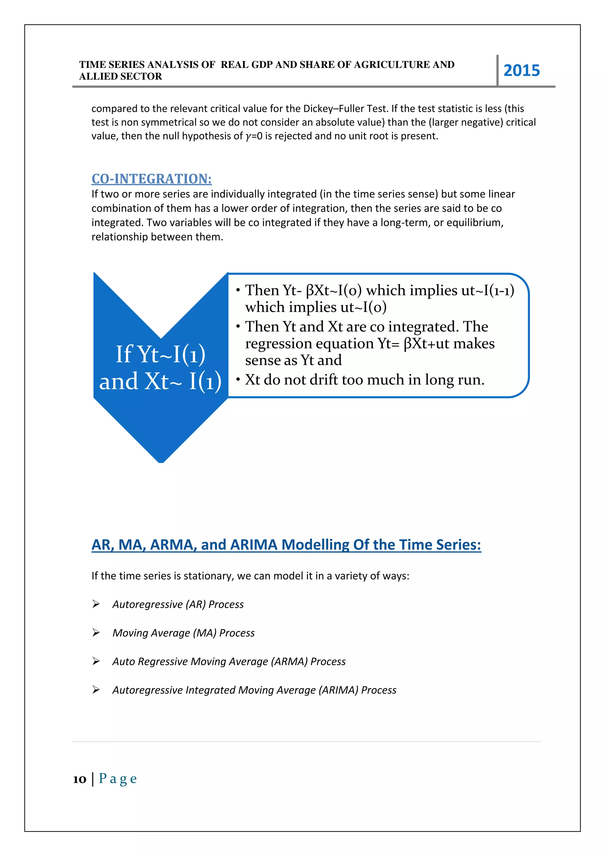 TIME SERIES ANALYSIS OF REAL GDP AND SHARE OF AGRICULTURE AND
ALLIED SECTOR 2015
10 | P a g e
compared to the relevant critical value for the Dickey–Fuller Test. If the test statistic is less (this
test is non symmetrical so we do not consider an absolute value) than the (larger negative) critical
value, then the null hypothesis of =0 is rejected and no unit root is present.
CO-INTEGRATION:
If two or more series are individually integrated (in the time series sense) but some linear
combination of them has a lower order of integration, then the series are said to be co
integrated. Two variables will be co integrated if they have a long-term, or equilibrium,
relationship between them.
AR, MA, ARMA, and ARIMA Modelling Of the Time Series:
If the time series is stationary, we can model it in a variety of ways:
Autoregressive (AR) Process
Moving Average (MA) Process
Auto Regressive Moving Average (ARMA) Process
Autoregressive Integrated Moving Average (ARIMA) Process
If Yt~I(1)
and Xt~ I(1)
• Then Yt- βXt~) which implies ut~) -1)
which implies ut~I(0)
• Then Yt and Xt are co integrated. The
regression equation Yt= βXt+ut makes
sense as Yt and
• Xt do not drift too much in long run.
 