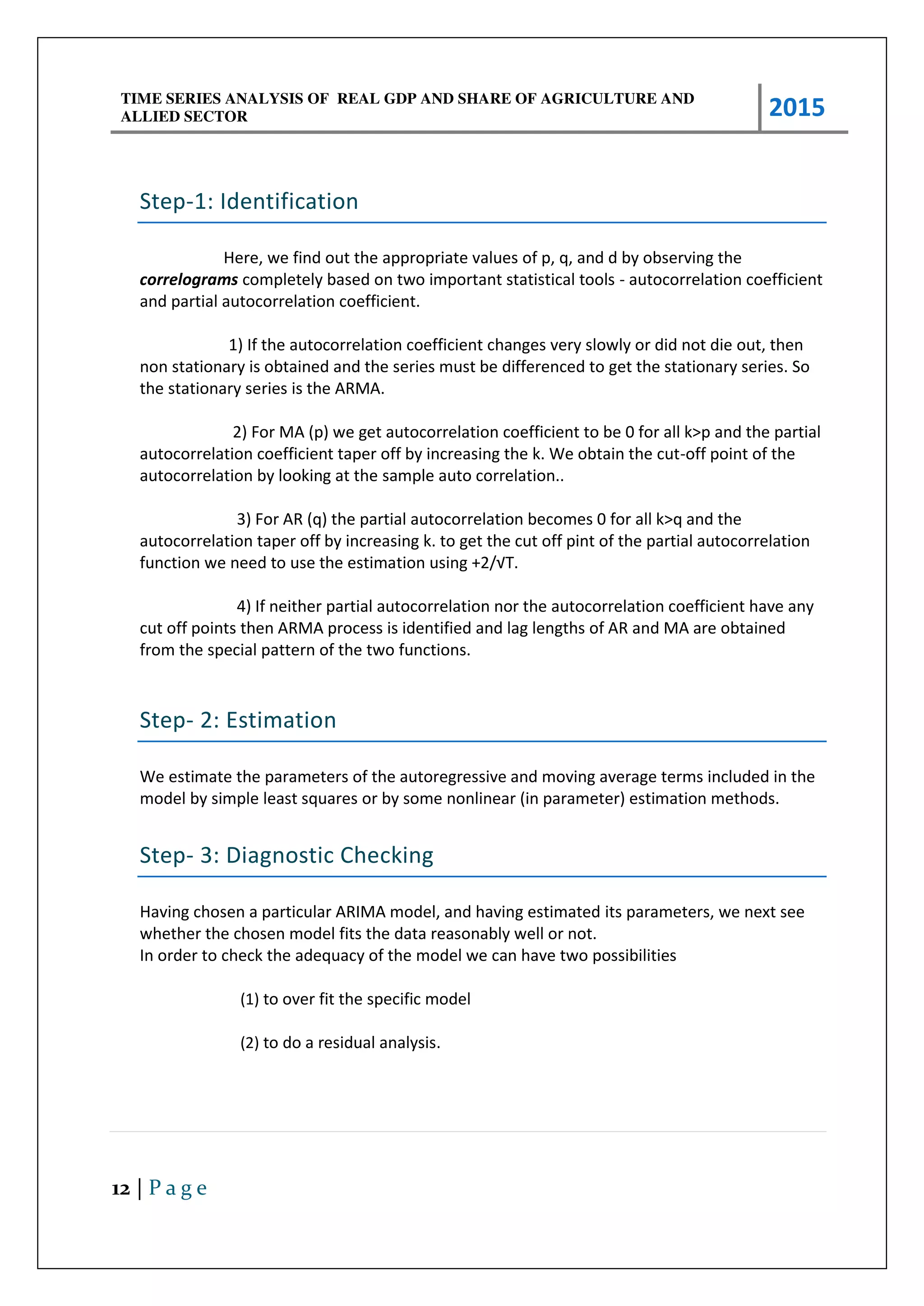 TIME SERIES ANALYSIS OF REAL GDP AND SHARE OF AGRICULTURE AND
ALLIED SECTOR 2015
12 | P a g e
Step-1: Identification
Here, we find out the appropriate values of p, q, and d by observing the
correlograms completely based on two important statistical tools - autocorrelation coefficient
and partial autocorrelation coefficient.
1) If the autocorrelation coefficient changes very slowly or did not die out, then
non stationary is obtained and the series must be differenced to get the stationary series. So
the stationary series is the ARMA.
2) For MA (p) we get autocorrelation coefficient to be 0 for all k>p and the partial
autocorrelation coefficient taper off by increasing the k. We obtain the cut-off point of the
autocorrelation by looking at the sample auto correlation..
3) For AR (q) the partial autocorrelation becomes 0 for all k>q and the
autocorrelation taper off by increasing k. to get the cut off pint of the partial autocorrelation
function we need to use the estimatio usi g + /√T.
4) If neither partial autocorrelation nor the autocorrelation coefficient have any
cut off points then ARMA process is identified and lag lengths of AR and MA are obtained
from the special pattern of the two functions.
Step- 2: Estimation
We estimate the parameters of the autoregressive and moving average terms included in the
model by simple least squares or by some nonlinear (in parameter) estimation methods.
Step- 3: Diagnostic Checking
Having chosen a particular ARIMA model, and having estimated its parameters, we next see
whether the chosen model fits the data reasonably well or not.
In order to check the adequacy of the model we can have two possibilities
(1) to over fit the specific model
(2) to do a residual analysis.
 