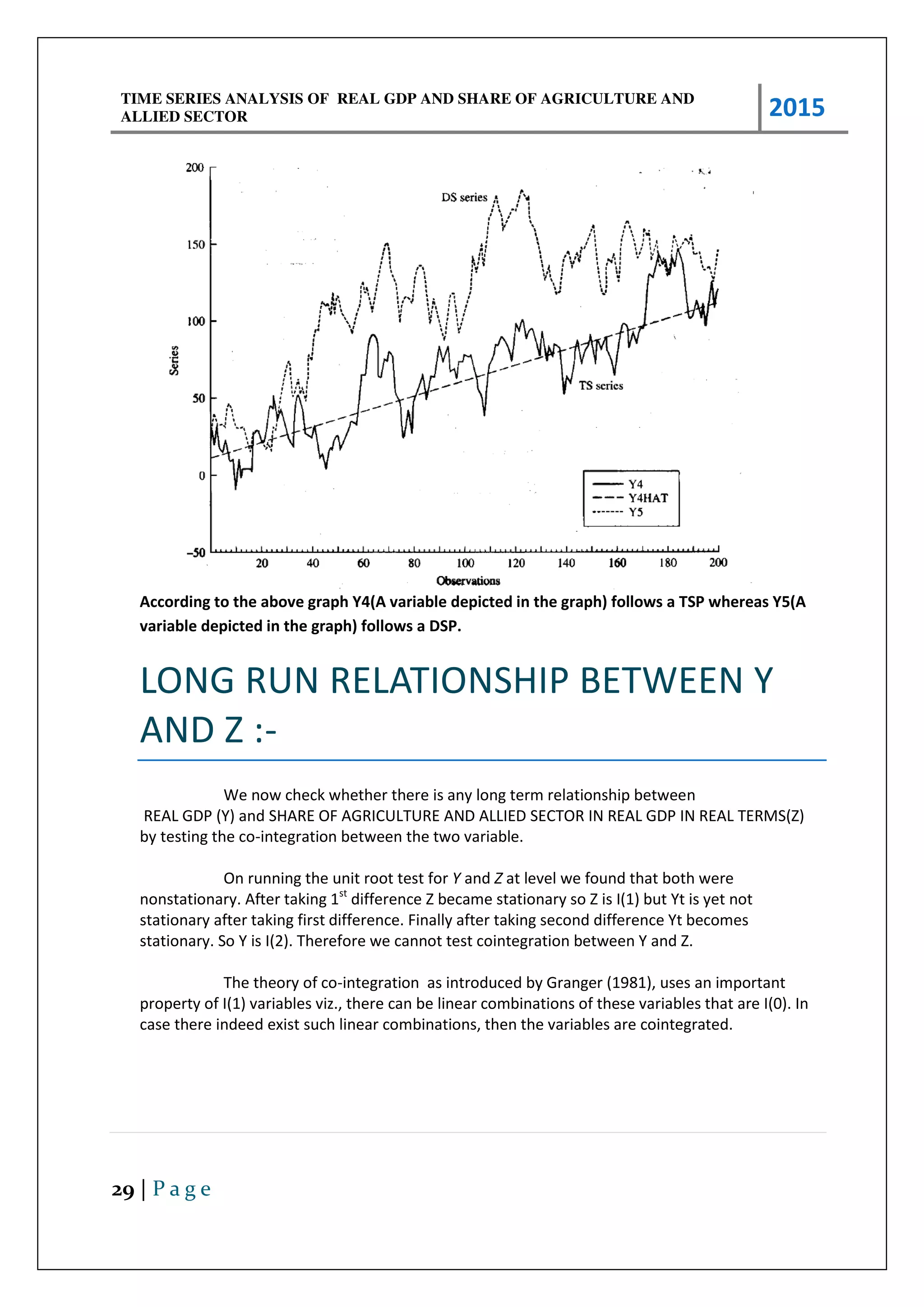 TIME SERIES ANALYSIS OF REAL GDP AND SHARE OF AGRICULTURE AND
ALLIED SECTOR 2015
29 | P a g e
According to the above graph Y4(A variable depicted in the graph) follows a TSP whereas Y5(A
variable depicted in the graph) follows a DSP.
LONG RUN RELATIONSHIP BETWEEN Y
AND Z :-
We now check whether there is any long term relationship between
REAL GDP (Y) and SHARE OF AGRICULTURE AND ALLIED SECTOR IN REAL GDP IN REAL TERMS(Z)
by testing the co-integration between the two variable.
On running the unit root test for Y and Z at level we found that both were
nonstationary. After taking 1st
difference Z became stationary so Z is I(1) but Yt is yet not
stationary after taking first difference. Finally after taking second difference Yt becomes
stationary. So Y is I(2). Therefore we cannot test cointegration between Y and Z.
The theory of co-integration as introduced by Granger (1981), uses an important
property of I(1) variables viz., there can be linear combinations of these variables that are I(0). In
case there indeed exist such linear combinations, then the variables are cointegrated.
 