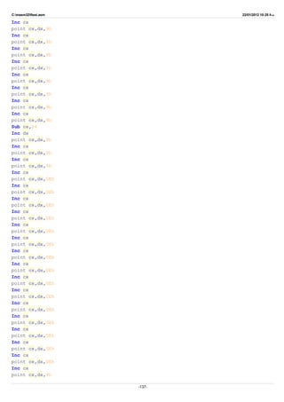 C:masm32ftest.asm 22/01/2012 10:25 ‫ب‬.‫ظ‬
Inc cx
point cx,dx,9h
Inc cx
point cx,dx,9h
Inc cx
point cx,dx,9h
Inc cx
point cx,dx,9h
Inc cx
point cx,dx,9h
Inc cx
point cx,dx,9h
Inc cx
point cx,dx,9h
Inc cx
point cx,dx,9h
Sub cx,24
Inc dx
point cx,dx,9h
Inc cx
point cx,dx,9h
Inc cx
point cx,dx,9h
Inc cx
point cx,dx,0Eh
Inc cx
point cx,dx,0Eh
Inc cx
point cx,dx,0Eh
Inc cx
point cx,dx,0Eh
Inc cx
point cx,dx,0Eh
Inc cx
point cx,dx,0Eh
Inc cx
point cx,dx,0Eh
Inc cx
point cx,dx,0Eh
Inc cx
point cx,dx,0Eh
Inc cx
point cx,dx,0Eh
Inc cx
point cx,dx,0Eh
Inc cx
point cx,dx,0Eh
Inc cx
point cx,dx,0Eh
Inc cx
point cx,dx,0Eh
Inc cx
point cx,dx,0Eh
Inc cx
point cx,dx,9h
-137-
 