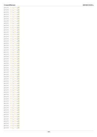 C:masm32ftest.asm 22/01/2012 10:25 ‫ب‬.‫ظ‬
point 313,269,al
point 313,270,al
point 313,271,al
point 313,272,al
point 313,273,al
point 314,270,bl
point 314,271,al
point 314,272,al
point 314,273,al
point 314,274,bl
point 315,260,bl
point 315,261,bl
point 315,262,al
point 315,263,al
point 315,264,bl
point 315,271,ah
point 315,272,al
point 315,273,al
point 315,274,al
point 315,275,ah
point 316,257,bl
point 316,258,al
point 316,259,al
point 316,260,al
point 316,261,al
point 316,262,al
point 316,263,al
point 316,264,al
point 316,272,bl
point 316,273,al
point 316,274,al
point 316,275,bl
point 317,255,bl
point 317,256,al
point 317,257,al
point 317,258,al
point 317,259,al
point 317,260,al
point 317,261,al
point 317,262,al
point 317,263,al
point 317,264,al
point 317,273,al
point 317,274,al
point 317,275,al
point 318,254,al
point 318,255,al
point 318,256,al
point 318,257,al
point 318,258,al
point 318,259,bl
point 318,262,al
point 318,263,al
point 318,264,bl
point 318,273,al
-187-
 