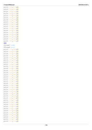 C:masm32ftest.asm 22/01/2012 10:25 ‫ب‬.‫ظ‬
point 328,259,bl
point 329,253,al
point 329,254,al
point 329,255,al
point 329,256,al
point 329,257,al
point 329,258,bl
point 330,253,al
point 330,254,al
point 330,255,al
point 330,256,al
point 330,257,bl
point 331,253,al
point 331,254,al
point 331,255,al
point 332,253,bl
point 332,254,al
ret
PStage7 endp
PStage8 proc
point 311,269,bl
point 311,270,bl
point 311,271,bl
point 312,267,al
point 312,268,al
point 312,269,al
point 312,270,al
point 312,271,al
point 312,272,al
point 312,273,bl
point 313,266,al
point 313,267,al
point 313,268,al
point 313,269,al
point 313,270,al
point 313,271,al
point 313,272,al
point 313,273,al
point 313,274,bl
point 314,265,bl
point 314,266,al
point 314,267,al
point 314,268,al
point 314,269,bl
point 314,270,ah
point 314,271,bl
point 314,272,al
point 314,273,al
point 314,274,al
point 315,264,bl
point 315,265,al
point 315,266,al
point 315,267,bl
point 315,272,bl
point 315,273,al
-196-
 