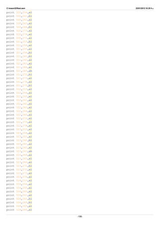 C:masm32ftest.asm 22/01/2012 10:25 ‫ب‬.‫ظ‬
point 320,256,al
point 320,261,bl
point 320,262,al
point 320,263,al
point 320,264,bl
point 320,273,al
point 320,274,al
point 320,275,al
point 321,253,bl
point 321,254,al
point 321,255,al
point 321,256,bl
point 321,261,bl
point 321,262,al
point 321,263,al
point 321,264,al
point 321,265,ah
point 321,272,bl
point 321,273,al
point 321,274,al
point 321,275,bl
point 322,253,al
point 322,254,al
point 322,255,al
point 322,261,al
point 322,262,al
point 322,263,al
point 322,264,al
point 322,265,al
point 322,272,al
point 322,273,al
point 322,274,al
point 323,253,al
point 323,254,al
point 323,255,al
point 323,260,bl
point 323,261,al
point 323,262,al
point 323,263,ah
point 323,264,al
point 323,265,al
point 323,266,al
point 323,271,bl
point 323,272,al
point 323,273,al
point 323,274,al
point 324,253,al
point 324,254,al
point 324,255,al
point 324,260,al
point 324,261,al
point 324,262,bl
point 324,264,bl
point 324,265,al
point 324,266,al
-198-
 