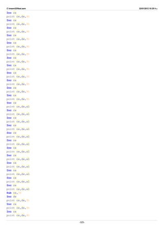 C:masm32ftest.asm 22/01/2012 10:25 ‫ب‬.‫ظ‬
Inc cx
point cx,dx,9h
Inc cx
point cx,dx,9h
Inc cx
point cx,dx,9h
Inc cx
point cx,dx,9h
Inc cx
point cx,dx,9h
Inc cx
point cx,dx,9h
Inc cx
point cx,dx,9h
Inc cx
point cx,dx,9h
Inc cx
point cx,dx,9h
Inc cx
point cx,dx,9h
Inc cx
point cx,dx,9h
Inc cx
point cx,dx,9h
Inc cx
point cx,dx,al
Inc cx
point cx,dx,al
Inc cx
point cx,dx,al
Inc cx
point cx,dx,al
Inc cx
point cx,dx,al
Inc cx
point cx,dx,al
Inc cx
point cx,dx,al
Inc cx
point cx,dx,al
Inc cx
point cx,dx,al
Inc cx
point cx,dx,al
Inc cx
point cx,dx,al
Inc cx
point cx,dx,al
Sub cx,38
Inc dx
point cx,dx,9h
Inc cx
point cx,dx,9h
Inc cx
point cx,dx,9h
-325-
 