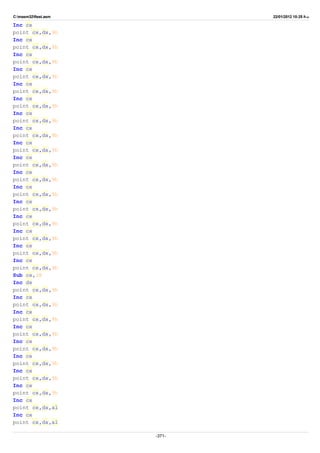 C:masm32ftest.asm 22/01/2012 10:25 ‫ب‬.‫ظ‬
Inc cx
point cx,dx,9h
Inc cx
point cx,dx,9h
Inc cx
point cx,dx,9h
Inc cx
point cx,dx,9h
Inc cx
point cx,dx,9h
Inc cx
point cx,dx,9h
Inc cx
point cx,dx,9h
Inc cx
point cx,dx,9h
Inc cx
point cx,dx,9h
Inc cx
point cx,dx,9h
Inc cx
point cx,dx,9h
Inc cx
point cx,dx,9h
Inc cx
point cx,dx,9h
Inc cx
point cx,dx,9h
Inc cx
point cx,dx,9h
Inc cx
point cx,dx,9h
Inc cx
point cx,dx,9h
Sub cx,38
Inc dx
point cx,dx,9h
Inc cx
point cx,dx,9h
Inc cx
point cx,dx,9h
Inc cx
point cx,dx,9h
Inc cx
point cx,dx,9h
Inc cx
point cx,dx,9h
Inc cx
point cx,dx,9h
Inc cx
point cx,dx,9h
Inc cx
point cx,dx,al
Inc cx
point cx,dx,al
-371-
 