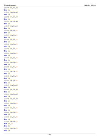 C:masm32ftest.asm 22/01/2012 10:25 ‫ب‬.‫ظ‬
point cx,dx,ah
Inc cx
point cx,dx,ah
Inc cx
point cx,dx,ah
Inc cx
point cx,dx,ah
Inc cx
point cx,dx,ah
Inc cx
point cx,dx,9h
Inc cx
point cx,dx,9h
Inc cx
point cx,dx,9h
Inc cx
point cx,dx,9h
Inc cx
point cx,dx,9h
Inc cx
point cx,dx,9h
Inc cx
point cx,dx,9h
Inc cx
point cx,dx,9h
Inc cx
point cx,dx,9h
Inc cx
point cx,dx,9h
Inc cx
point cx,dx,9h
Inc cx
point cx,dx,9h
Inc cx
point cx,dx,ah
Inc cx
point cx,dx,ah
Inc cx
point cx,dx,ah
Inc cx
point cx,dx,ah
Inc cx
point cx,dx,9h
Inc cx
point cx,dx,9h
Inc cx
point cx,dx,9h
Inc cx
point cx,dx,9h
Inc cx
point cx,dx,9h
Sub cx,35
Inc dx
point cx,dx,9h
Inc cx
-390-
 
