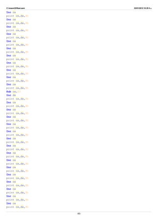 C:masm32ftest.asm 22/01/2012 10:25 ‫ب‬.‫ظ‬
Inc cx
point cx,dx,9h
Inc cx
point cx,dx,9h
Inc cx
point cx,dx,9h
Inc cx
point cx,dx,9h
Inc cx
point cx,dx,9h
Inc cx
point cx,dx,9h
Inc cx
point cx,dx,9h
Inc cx
point cx,dx,9h
Inc cx
point cx,dx,9h
Inc cx
point cx,dx,9h
Inc cx
point cx,dx,9h
Sub cx,23
Inc dx
point cx,dx,9h
Inc cx
point cx,dx,9h
Inc cx
point cx,dx,9h
Inc cx
point cx,dx,9h
Inc cx
point cx,dx,9h
Inc cx
point cx,dx,9h
Inc cx
point cx,dx,9h
Inc cx
point cx,dx,9h
Inc cx
point cx,dx,9h
Inc cx
point cx,dx,9h
Inc cx
point cx,dx,9h
Inc cx
point cx,dx,9h
Inc cx
point cx,dx,9h
Inc cx
point cx,dx,9h
Inc cx
point cx,dx,9h
Inc cx
point cx,dx,9h
-50-
 
