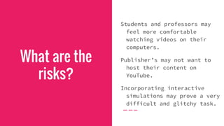 Students and professors may
feel more comfortable
watching videos on their
computers.
Publisher’s may not want to
host their content on
YouTube.
Incorporating interactive
simulations may prove a very
difficult and glitchy task.
What are the
risks?
 