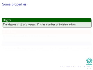 Some properties
Degree
The degree d(v) of a vertex V is its number of incident edges
A self loop
A self-loop counts for 2 ...