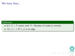 We have then...
Deﬁnition
0/1 N × N matrix with N =Number of nodes or vertices
A(i, j) = 1 iﬀ (i, j) is an edge
26 / 84
 