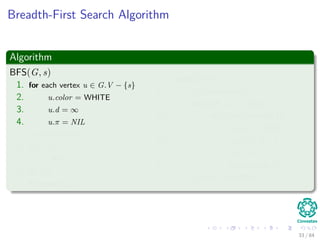 Breadth-First Search Algorithm
Algorithm
BFS(G, s)
1. for each vertex u ∈ G.V − {s}
2. u.color = WHITE
3. u.d = ∞
4. u.π =...