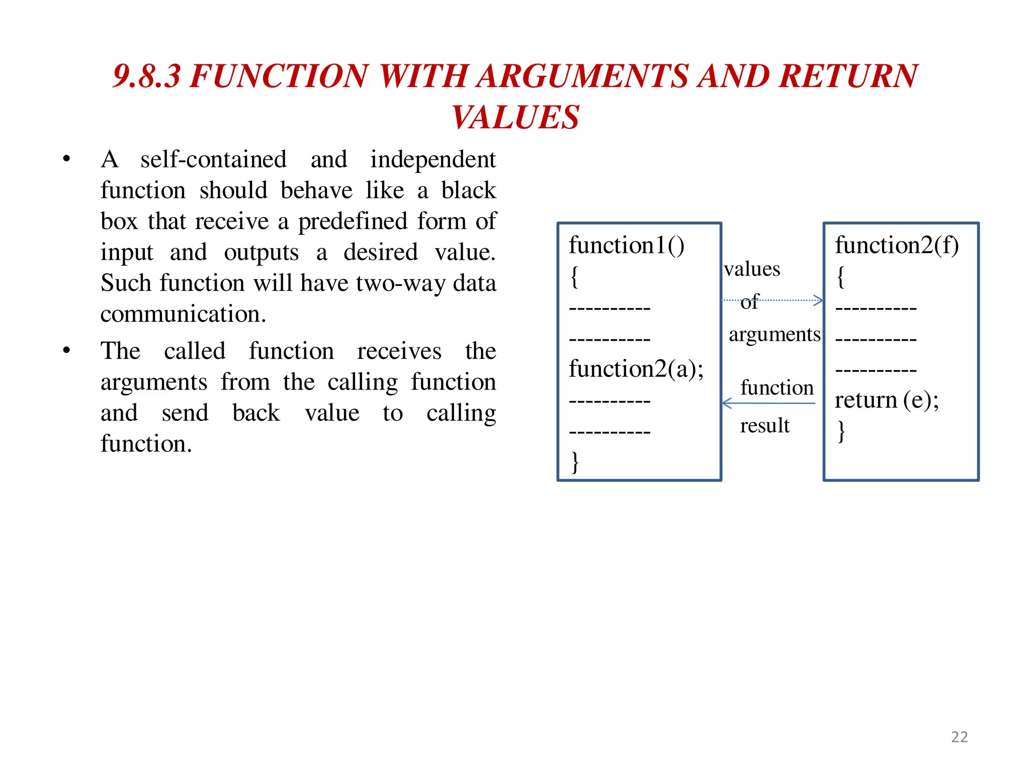 9.8.3 FUNCTION WITH ARGUMENTS AND RETURN
VALUES
• A self-contained and independent
function should behave like a black
box that receive a predefined form of
input and outputs a desired value.
Such function will have two-way data
communication.
• The called function receives the
arguments from the calling function
and send back value to calling
function.
values
of
arguments
function
result
function1()
{
----------
----------
function2(a);
----------
----------
}
function2(f)
{
----------
----------
----------
return (e);
}
22
 