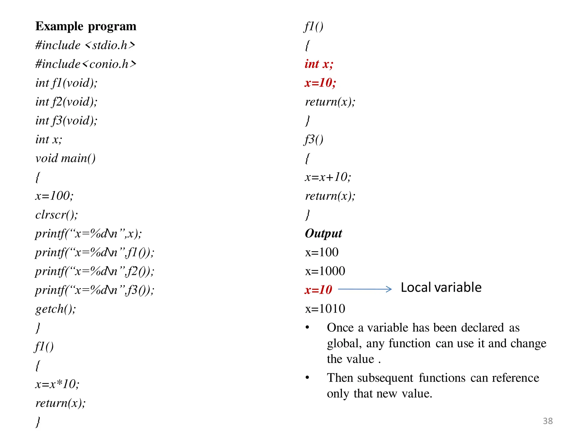 Example program
#include <stdio.h>
#include<conio.h>
int f1(void);
int f2(void);
int f3(void);
int x;
void main()
{
x=100;
clrscr();
printf(“x=%dn”,x);
printf(“x=%dn”,f1());
printf(“x=%dn”,f2());
printf(“x=%dn”,f3());
getch();
}
f1()
{
x=x*10;
return(x);
}
f1()
{
int x;
x=10;
return(x);
}
f3()
{
x=x+10;
return(x);
}
Output
x=100
x=1000
x=10
x=1010
• Once a variable has been declared as
global, any function can use it and change
the value .
• Then subsequent functions can reference
only that new value.
Local variable
38
 
