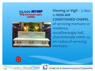 50,00050,000 MYMPMYMP
(Php 700.00 per year)(Php 700.00 per year)
1.90/day1.90/day
Viewing or Vigil – 3 days
in NON-AIR
CONDITIONED CHAPEL
of servicing mortuary or
residence,
social/barangay hall,
church/temple within 25
km radius of servicing
mortuary.
 