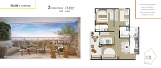 DORMITÓRIOS 74,30m2
2 vagas1 suíte
3 privativos com depósito
RELAXE e contemple.
Se você precisa de mais ambientes
privativos, a escolha ideal é o
apartamento de 3 dormitórios,
assim todo mundo tem um espaço
aconchegante e reservado.
Perspectiva Artística do Terraço do Apartamento de 3 dormitórios (1 suíte)
01
03 04
02 05
06
RUA ENGENHEIRO PRUDENTE
A vegetação que compõe o paisagismo retratado nas perspectivas é meramente ilustrativa e apresenta porte adulto de referência. Na entrega do empreendimento, essa vegetação poderá apresentar diferenças de tamanho e porte, mas estará de acordo com o projeto paisagístico do empreendimento.
Ilustraçãoartísticadaplantacomsugestãodedecoração.Osmóveissãodedimensõescomerciaisenãofazempartedocontrato.
 