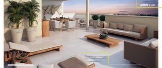 Perspectiva Artística do Pavimento Superior do Apartamento Duplex
Esta opção é ideal para as famílias que precisam
de mais espaço e também gostam de receber os
amigos com muito conforto.
ADMIRE a vista.
A vegetação que compõe o paisagismo retratado nas perspectivas é meramente ilustrativa e apresenta porte adulto de referência. Na entrega do
empreendimento, essa vegetação poderá apresentar diferenças de tamanho e porte, mas estará de acordo com o projeto paisagístico do empreendimento.
 