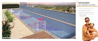 VOCÊ VAI QUERER
que o verão dure o ano inteiro.
Em dias de sol e calor a primeira vontade que vem à cabeça é
passar o dia relaxando em uma piscina refrescante.
No Privilège tem piscina para adultos com raia, perfeita para quem
pratica natação, e uma exclusiva para as crianças. Todo mundo vai
poder curtir bons momentos!
Perspectiva Artística da Piscina Adulto com Raia de 20m, Piscina Infantil e Deck Molhado
A vegetação que compõe o paisagismo retratado nas perspectivas é meramente ilustrativa e apresenta porte adulto de referência. Na entrega do empreendimento, essa vegetação poderá apresentar diferenças de tamanho e porte, mas estará de acordo com o projeto paisagístico do empreendimento.
Fotoilustrativa
 