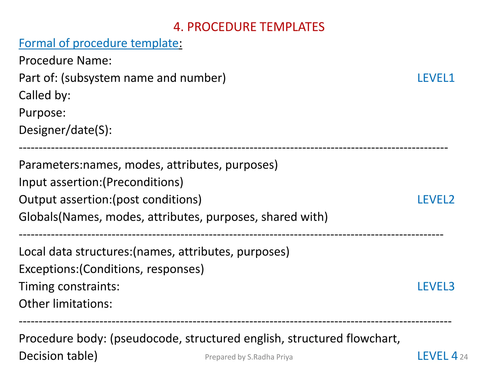 4. PROCEDURE TEMPLATES
Formal of procedure template:
Procedure Name:
Part of: (subsystem name and number) LEVEL1
Called by:
Purpose:
Designer/date(S):
----------------------------------------------------------------------------------------------------------
Parameters:names, modes, attributes, purposes)
Input assertion:(Preconditions)
Output assertion:(post conditions) LEVEL2
Globals(Names, modes, attributes, purposes, shared with)
---------------------------------------------------------------------------------------------------------
Local data structures:(names, attributes, purposes)
Exceptions:(Conditions, responses)
Timing constraints: LEVEL3
Other limitations:
-----------------------------------------------------------------------------------------------------------
Procedure body: (pseudocode, structured english, structured flowchart,
Decision table) LEVEL 4
Prepared by S.Radha Priya 24
 