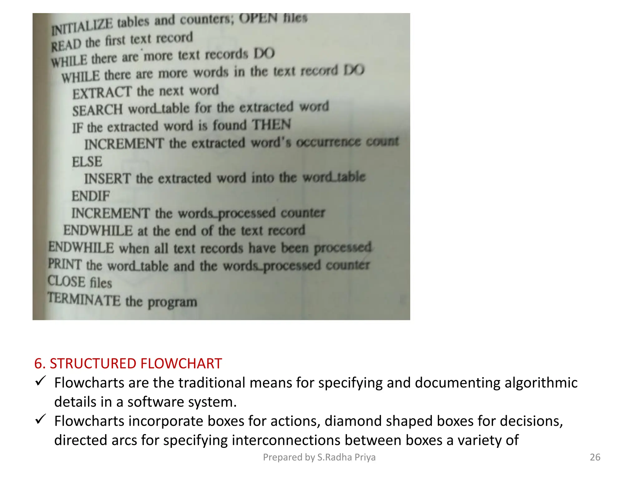 6. STRUCTURED FLOWCHART
 Flowcharts are the traditional means for specifying and documenting algorithmic
details in a software system.
 Flowcharts incorporate boxes for actions, diamond shaped boxes for decisions,
directed arcs for specifying interconnections between boxes a variety of
Prepared by S.Radha Priya 26
 