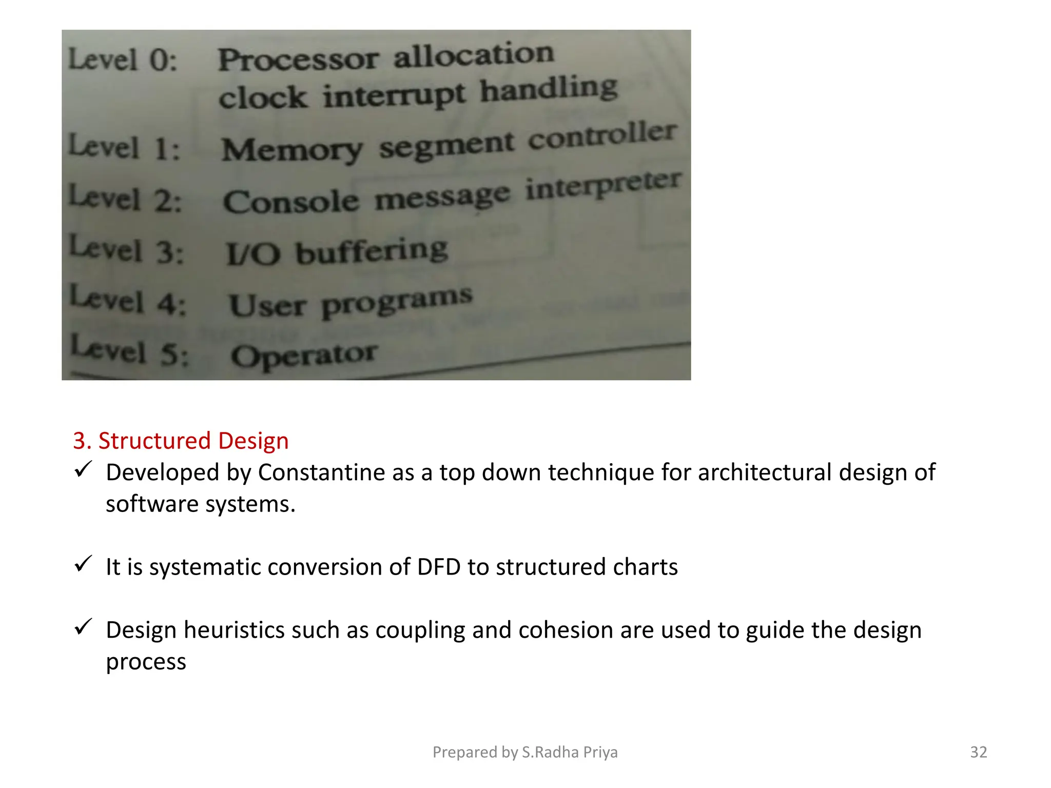 3. Structured Design
 Developed by Constantine as a top down technique for architectural design of
software systems.
 It is systematic conversion of DFD to structured charts
 Design heuristics such as coupling and cohesion are used to guide the design
process
Prepared by S.Radha Priya 32
 